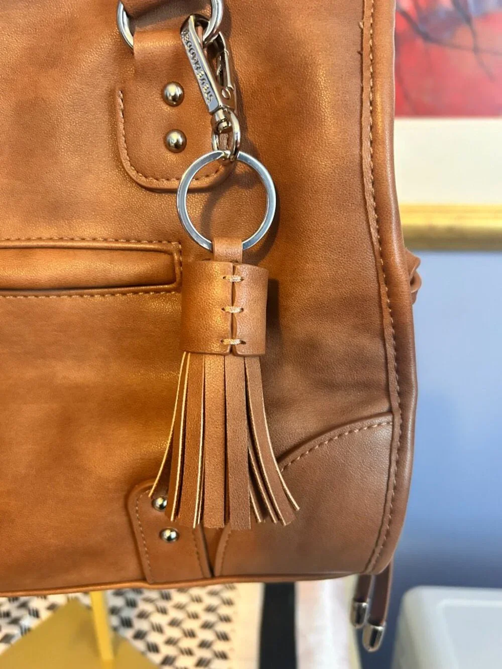 Steve Madden Tan/Brown PU Leather Satchel with Tassel and Puppy Key Chain